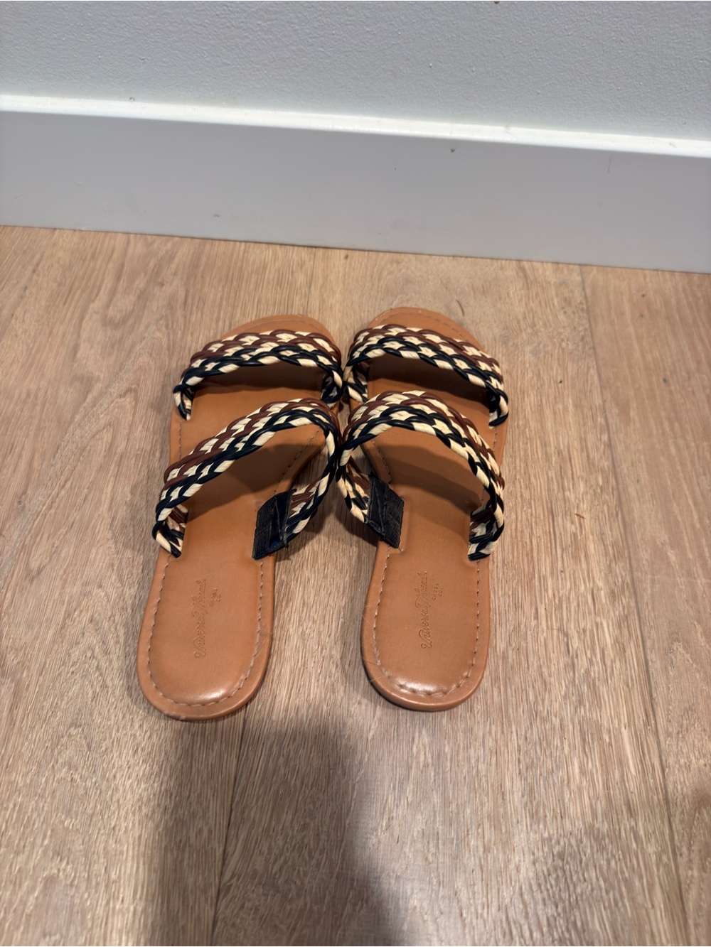 Braided Strap Tan Slide Sandals with Black & Cream Accents